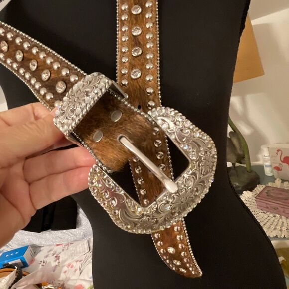 Nocona Women’s Leather/Calf Hair Rhinestone/Studs Western/Cowgirl Belt Size - Picture 3 of 14